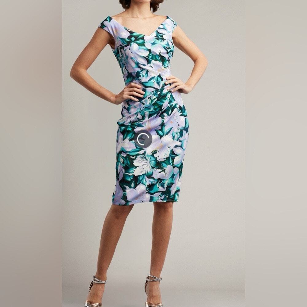 Tadashi Shoji Bettie Floral Print Cocktail Dress Purple Green Women's Size S MOB